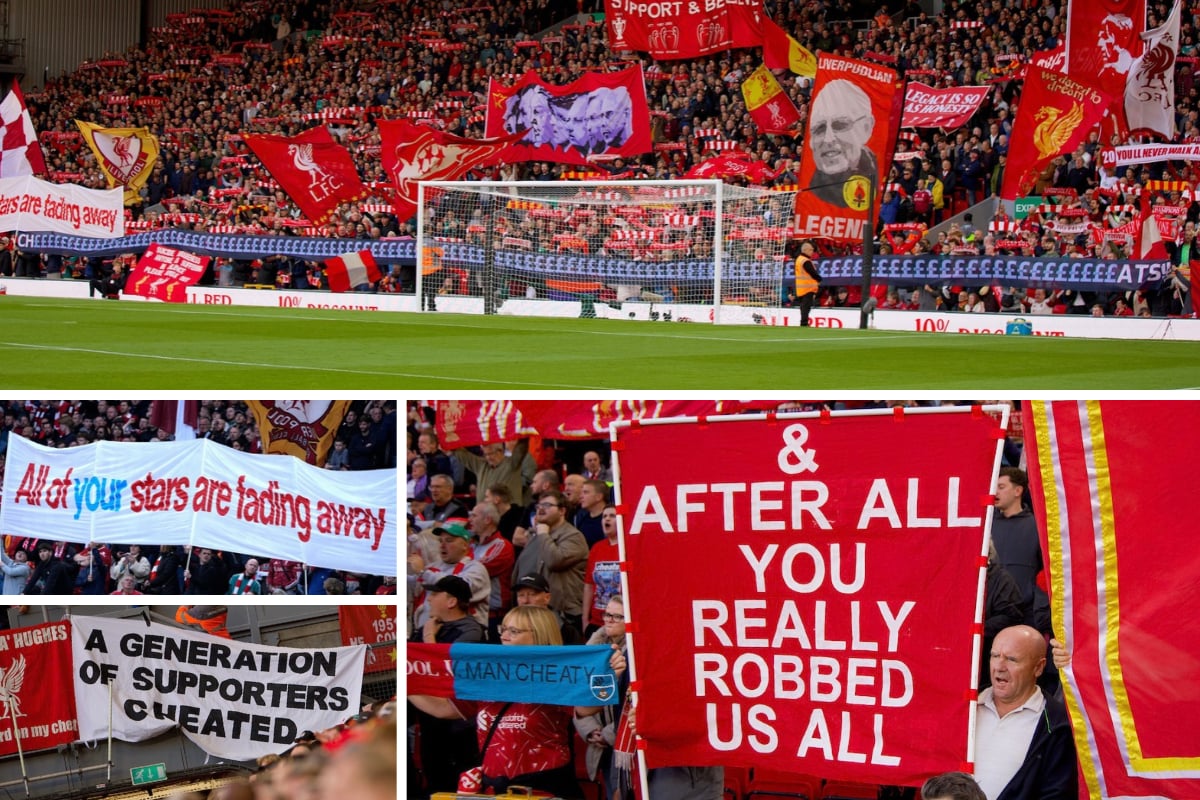 ‘Robbed us all’, ‘CH£ATS’, ‘won f*ck all’ – Liverpool fans’ Anfield banners vs. Man City