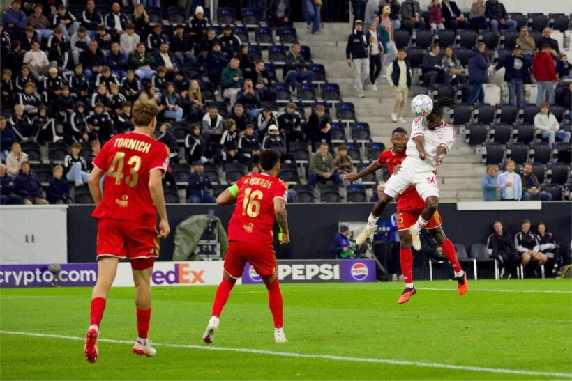 Jeremie Frimpong heads Liverpool's fourth goal against LASK