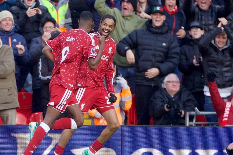 Alexander Isak celebrates Liverpool's second goal with Bradley Barcola against Brighton