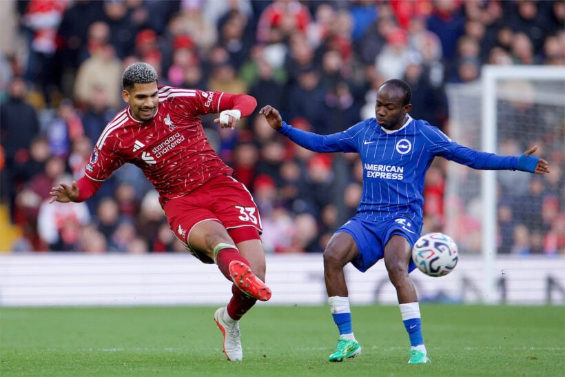 Ronald Araújo contests the ball for Liverpool against Brighton at Anfield